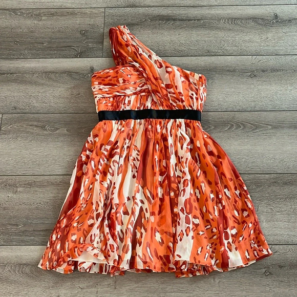 CYNTHIA STEFFE Paloma Orange White 100% Silk One Shoulder dress 6 - Picture 2 of 6